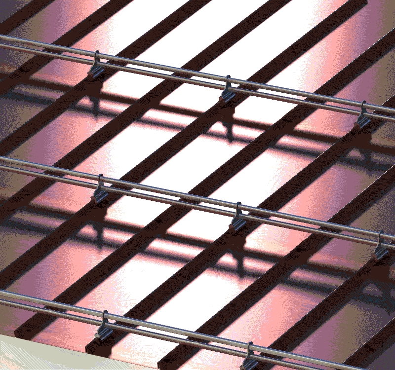 Rows of snow guard pipes installed across a standing-seam metal roof